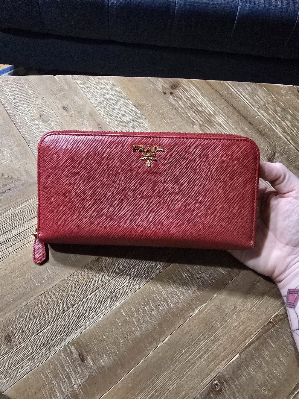 Prada Saffiano Metal Zip-Around Long Wallet - Fuoco (Red) 1ML506 w/ Cards & COA